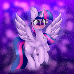 Size: 3000x3000 | Tagged: safe, artist:tomboygirl45, imported from derpibooru, twilight sparkle, alicorn, pony, blushing, chest fluff, female, high res, night, solo, spread wings, twilight sparkle (alicorn), wings