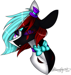 Size: 562x587 | Tagged: safe, artist:ohflaming-rainbow, imported from derpibooru, oc, oc only, oc:lunar void corruption, pony, bowtie, bust, portrait, purple sclera, simple background, solo, transparent background