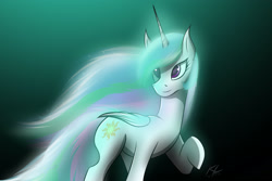 Size: 2163x1445 | Tagged: safe, artist:draft the filmmaker, artist:draftthefilmmaker-kl, imported from derpibooru, princess celestia, alicorn, pony, female, missing accessory, raised hoof, smiling, solo, windswept mane