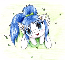 Size: 4188x3879 | Tagged: safe, artist:40kponyguy, derpibooru exclusive, imported from derpibooru, oc, oc only, oc:clarise, pegasus, pony, blushing, cute, ear fluff, floppy ears, head tilt, looking at you, looking up, looking up at you, ponytail, solo, traditional art