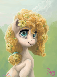 Size: 1000x1354 | Tagged: safe, artist:nemo2d, imported from derpibooru, pear butter, earth pony, pony, female, flower, flower in hair, mare, smiling, solo