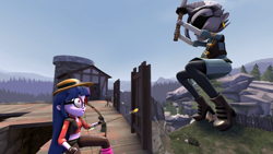 Size: 1024x576 | Tagged: safe, artist:kbrony6, imported from derpibooru, twilight sparkle, zecora, equestria girls, 3d, crossover, democora, demoman, demozecora, equestria girls-ified, sniper, source filmmaker, team fortress 2, twilight sniper, weapon