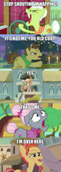 Size: 600x1685 | Tagged: source needed, safe, edited screencap, imported from derpibooru, screencap, cactus fruit, grand pear, granny smith, old gardener, rusty tenure, earth pony, pony, daring done?, rock solid friendship, shadow play, the perfect pear, where the apple lies, background pony, comic, elderly, facial hair, female, goatee, image macro, male, mare, meme, mermaid man and barnacle boy, screencap comic, somnambula resident, spongebob squarepants, stallion