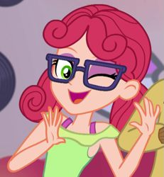 Size: 561x606 | Tagged: safe, imported from derpibooru, screencap, alizarin bubblegum, coinky-dink world, eqg summertime shorts, equestria girls, background human, cropped, one eye closed, wink