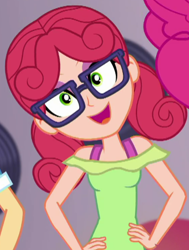 Size: 374x496 | Tagged: safe, imported from derpibooru, screencap, alizarin bubblegum, coinky-dink world, eqg summertime shorts, equestria girls, background human, cropped, female, glasses, smiling