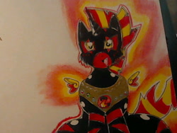 Size: 640x480 | Tagged: safe, artist:haruka takahashi, imported from derpibooru, oc, oc only, oc:gtnighthawk, unicorn, fire, solo, traditional art, wings