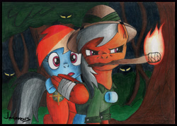 Size: 6700x4800 | Tagged: safe, artist:jacsveus, imported from derpibooru, daring do, rainbow dash, absurd resolution, bandage, forest, night, torch, traditional art, tree