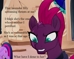 Size: 640x512 | Tagged: safe, edit, edited screencap, imported from derpibooru, screencap, tempest shadow, twilight sparkle, alicorn, my little pony: the movie, broken horn, cropped, eye scar, implied dinky, remorse, scar, twilight sparkle (alicorn)