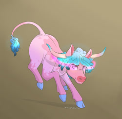 Size: 1540x1505 | Tagged: safe, artist:mint-and-love, imported from derpibooru, oc, oc only, oc:rumble tumble, bull, cow, bovine, cloven hooves, cotton candy bull, glowing eyes, horns, male, moo