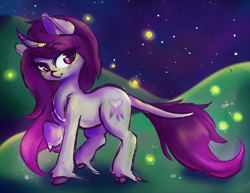 Size: 4559x3523 | Tagged: safe, artist:wickedsilly, imported from derpibooru, oc, oc only, oc:wicked silly, classical unicorn, firefly (insect), pony, unicorn, cloven hooves, curved horn, female, leonine tail, mare, night, smiling, solo, unshorn fetlocks