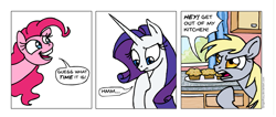 Size: 1005x426 | Tagged: safe, artist:gingerfoxy, imported from derpibooru, derpy hooves, pinkie pie, rarity, earth pony, pegasus, pony, unicorn, pony comic generator, comic, food, muffin, out of context