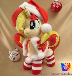 Size: 1024x1077 | Tagged: safe, artist:1stastrastudio, imported from derpibooru, sunset shimmer, pony, unicorn, c:, christmas, clothes, costume, cute, female, hat, holiday, irl, mare, photo, plushie, santa costume, santa hat, smiling, socks, solo, striped socks