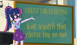 Size: 800x474 | Tagged: safe, edit, edited screencap, imported from derpibooru, screencap, sci-twi, twilight sparkle, equestria girls, equestria girls series, overpowered (equestria girls), chalkboard, exploitable meme, geode of telekinesis, meme, sci-twi's chalkboard, sheogorath, the elder scrolls, twilight sparkle's chalkboard