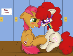 Size: 4562x3458 | Tagged: safe, artist:skyflys, imported from derpibooru, babs seed, twist, babstwist, blushing, bully, bullying, crying, female, gay pride flag, lesbian, looking at each other, pride, shipping