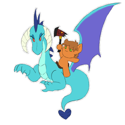 Size: 800x800 | Tagged: safe, artist:sanyo2100, imported from derpibooru, princess ember, oc, oc:drake fluster, dragon, earth pony, pony, chibi, cute, fire axe, ponies riding dragons, riding, simple background, transparent background