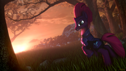 Size: 1920x1080 | Tagged: safe, artist:indexpony, imported from derpibooru, tempest shadow, pony, unicorn, my little pony: the movie, 3d, armor, broken horn, female, grass, mare, solo, source filmmaker, tree