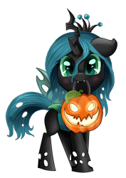 Size: 2998x4237 | Tagged: safe, artist:pridark, imported from derpibooru, queen chrysalis, changeling, changeling queen, nymph, pony, absurd resolution, blushing, bucket, crown, cute, cutealis, fangs, female, halloween, holiday, jack-o-lantern, jewelry, looking at you, mouth hold, nightmare night, pridark is trying to murder us, pumpkin, pumpkin bucket, regalia, simple background, solo, transparent background, younger