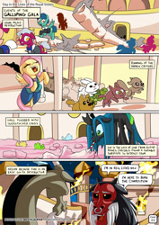 Size: 955x1351 | Tagged: safe, artist:mysticalpha, imported from derpibooru, discord, fluttershy, lord tirek, queen chrysalis, alicorn, changeling, changeling queen, draconequus, pegasus, pony, comic:day in the lives of the royal sisters, animal, background pony, cake, canterlot castle, clothes, comic, crown, dialogue, dress, drinking straw, female, fire, food, gala dress, horseshoes, jewelry, mare, nose piercing, nose ring, open mouth, peytral, piercing, property damage, regalia, septum piercing, silhouette, speech bubble, suit