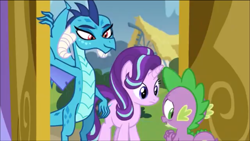 Size: 1136x640 | Tagged: safe, imported from derpibooru, screencap, princess ember, spike, starlight glimmer, dragon, triple threat, looking back, nervous, smiling