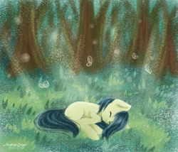 Size: 2522x2160 | Tagged: safe, artist:amaliyacloud, imported from derpibooru, oc, oc only, butterfly, earth pony, pony, crepuscular rays, forest, grass, lying, on side, side, sleeping, solo