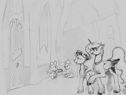 Size: 1200x900 | Tagged: safe, artist:amarynceus, imported from derpibooru, princess luna, spike, starlight glimmer, trixie, alicorn, dragon, pony, unicorn, cloven hooves, female, food, grayscale, ice pack, male, mare, monochrome, tea, unshorn fetlocks