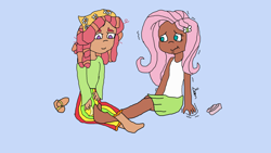 Size: 4160x2340 | Tagged: safe, artist:calibykitty, artist:icey-wicey-1517, artist:icicle-wicicle-1517, artist:midnightamber, imported from derpibooru, fluttershy, tree hugger, human, equestria girls, barefoot, blue background, clothes, colored, dark skin, feather, feet, female, fetish, flats, flutterhugger, foot fetish, humanized, lesbian, sandals, shipping, simple background, skirt, tanktop, tickling