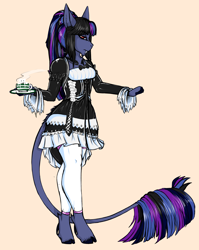 Size: 2344x2940 | Tagged: safe, artist:azraelartz, artist:theecchiqueen, imported from derpibooru, oc, oc only, oc:pandie, anthro, unguligrade anthro, anthro oc, breasts, clothes, cloven hooves, cup, dewclaw, dress, fangs, female, leonine tail, looking at you, mare, red eyes, simple background, small breasts, solo, teacup, waitress