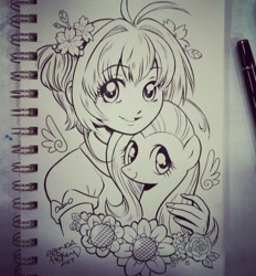 Size: 1080x1164 | Tagged: safe, artist:brendahickey, imported from derpibooru, fluttershy, pegasus, pony, cardcaptor sakura, crossover, cute, duo, female, flower, ink drawing, mare, monochrome, sakura kinomoto, traditional art