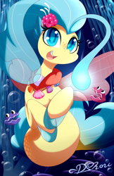 Size: 720x1112 | Tagged: safe, artist:dshou, imported from derpibooru, princess skystar, shelldon, shelly, seapony (g4), my little pony: the movie, female, looking at you, open mouth, seashell, smiling, solo, underwater