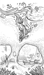 Size: 500x852 | Tagged: safe, artist:dany-the-hell-fox, imported from derpibooru, pinkie pie, princess skystar, earth pony, pony, seapony (g4), my little pony: the movie, black and white, diving suit, grayscale, monochrome, solo focus, tabun art-battle, underwater, wetsuit