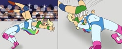 Size: 1280x523 | Tagged: safe, artist:linedraweer, imported from derpibooru, applejack, rainbow dash, human, equestria girls, armpits, audience, clothes, comic, commission, crowd, fight, german suplex, humanized, midriff, sports, sports bra, sports panties, suplex, suplex city, wrestling, wrestling ring
