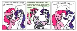 Size: 961x394 | Tagged: safe, artist:gingerfoxy, imported from derpibooru, pinkie pie, rarity, sweetie belle, earth pony, pony, robot, robot pony, unicorn, pony comic generator, comic, female, laughing, mare, simple background, sweetie bot, white background