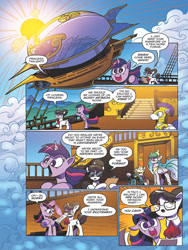 Size: 768x1024 | Tagged: safe, artist:andypriceart, idw, imported from derpibooru, kibitz, princess celestia, raven, twilight sparkle, alicorn, pony, unicorn, spoiler:comic, spoiler:comic61, airship, comic, female, male, mare, official comic, preview, royal guard, speech bubble, stallion, twilight sparkle (alicorn)