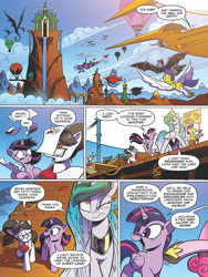 Size: 768x1024 | Tagged: safe, artist:andypriceart, idw, imported from derpibooru, daring do, kibitz, princess cadance, princess celestia, raven, twilight sparkle, alicorn, bat pony, dragon, pegasus, pony, unicorn, spoiler:comic, spoiler:comic61, comic, discussion in the comments, female, flying, hall of unity, hot air balloon, male, mare, mount metazoa, night guard, official comic, preview, royal guard, speech bubble, stallion, twilight sparkle (alicorn), wince