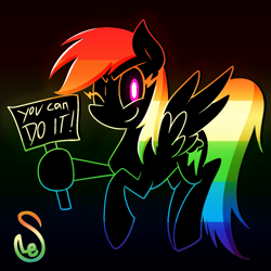 Size: 1400x1400 | Tagged: safe, artist:quarium, imported from derpibooru, rainbow dash, pegasus, pony, black background, female, hoof hold, looking at you, mare, motivational, multicolored hair, one eye closed, positive ponies, sign, simple background, smiling, solo, wink