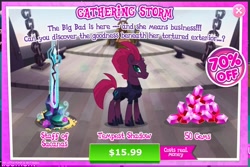 Size: 938x626 | Tagged: safe, imported from derpibooru, fizzlepop berrytwist, tempest shadow, my little pony: the movie, advertisement, broken horn, costs real money, crack is cheaper, female, gameloft, gathering storm, greed, greedloft, official, pretty pretty tempest, solo, staff, staff of sacanas