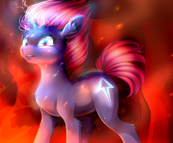 Size: 870x720 | Tagged: safe, artist:aidapone, imported from derpibooru, tempest shadow, pony, my little pony: the movie, broken horn, crying, eye scar, female, fire, horn, mare, scar, solo, sparking horn