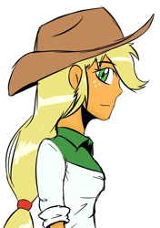 Size: 1592x2261 | Tagged: safe, artist:justingreeneart, imported from derpibooru, applejack, equestria girls, 30 minute art challenge, clothes, cowboy hat, female, freckles, hat, looking at you, smiling, solo, stetson