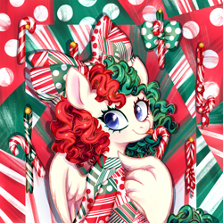 Size: 900x900 | Tagged: safe, artist:jumblehorse, deleted from derpibooru, imported from derpibooru, songbird serenade, pegasus, pony, my little pony: the movie, alternate hair color, alternate hairstyle, blue eyes, bow, candy, candy cane, christmas, clothes, everyday is christmas, female, food, hair bow, holiday, licking, mare, sia (singer), smiling, solo, tongue out, wing hands