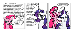 Size: 1005x426 | Tagged: safe, artist:gingerfoxy, imported from derpibooru, pinkie pie, rarity, earth pony, pony, unicorn, pony comic generator, comic