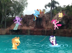 Size: 1018x758 | Tagged: safe, artist:didgereethebrony, imported from derpibooru, applejack, fluttershy, pinkie pie, rainbow dash, rarity, twilight sparkle, alicorn, australia, irl, jamberoo, photo, ponies in real life, swimming, swimming pool, twilight sparkle (alicorn), water park