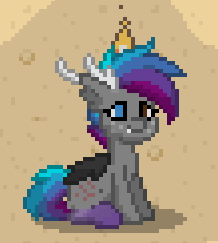 Size: 218x243 | Tagged: safe, artist:changelingtrash, artist:princess amity, imported from derpibooru, oc, oc only, oc:slapdash, hybrid, pony, pony town, antlers, fire, freckles, scar, solo