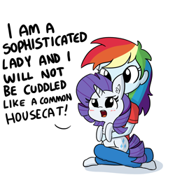 Size: 1650x1650 | Tagged: safe, artist:tjpones, imported from derpibooru, rainbow dash, rarity, pony, unicorn, equestria girls, behaving like a cat, blushing, chest fluff, crossed legs, cute, dashabetes, denial, dialogue, duo, ear fluff, female, holding a pony, i'm not cute, madorable, mare, multicolored hair, non-consensual cuddling, open mouth, pony pet, raribetes, raricat, simple background, tsundere, tsunderity, white background