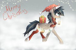 Size: 3000x2000 | Tagged: safe, artist:wacky-skiff, derpibooru exclusive, imported from derpibooru, oc, oc only, oc:updraft, pegasus, pony, blue eyes, candy, candy cane, christmas, christmas lights, clothes, female, food, hat, holiday, lantern, mare, multicolored hair, present, scarf, snow, socks, stars, wings