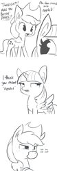 Size: 1650x4950 | Tagged: safe, artist:tjpones, imported from derpibooru, applejack, twilight sparkle, alicorn, earth pony, pony, accent, apple, applejack's hat, comic, cowboy hat, dialogue, duo, ear fluff, eyeroll, female, food, grayscale, hat, mare, monochrome, mouth hold, open mouth, pear, pun, silly, silly pony, simple background, slice of life, that pony sure does hate pears, that pony sure does love apples, twilight sparkle (alicorn), white background