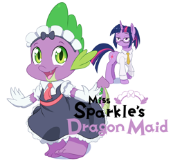 Size: 800x754 | Tagged: safe, artist:dstears, imported from derpibooru, spike, twilight sparkle, dragon, pony, alternate hairstyle, anime, clothes, crossdressing, crossover, cute, female, glasses, gloves, looking at you, maid, miss kobayashi's dragon maid, open mouth, raised hoof, simple background, smiling, spikabetes, white background