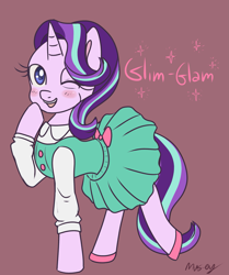 Size: 2003x2396 | Tagged: safe, artist:lamentedmusings, imported from derpibooru, starlight glimmer, pony, unicorn, blush sticker, blushing, clothes, cute, dress, female, glimmerbetes, looking at you, mare, one eye closed, open mouth, raised hoof, simple background, solo, wink