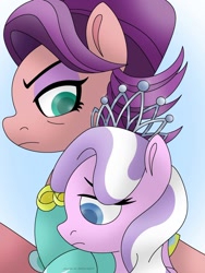Size: 1024x1365 | Tagged: safe, artist:lavenderrain24, imported from derpibooru, diamond tiara, spoiled rich, earth pony, pony, female, jewelry, mother and daughter, tiara