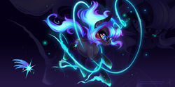 Size: 3464x1732 | Tagged: safe, artist:wilvarin-liadon, imported from derpibooru, oc, oc only, oc:fiery comet, pony, unicorn, female, glowing mane, looking at you, magic, mare, solo, space, zoom layer