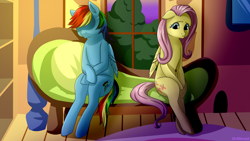 Size: 800x450 | Tagged: safe, artist:draltruist, imported from derpibooru, fluttershy, rainbow dash, pony, couch, female, fluttershy's cottage, mare, multicolored hair, sitting